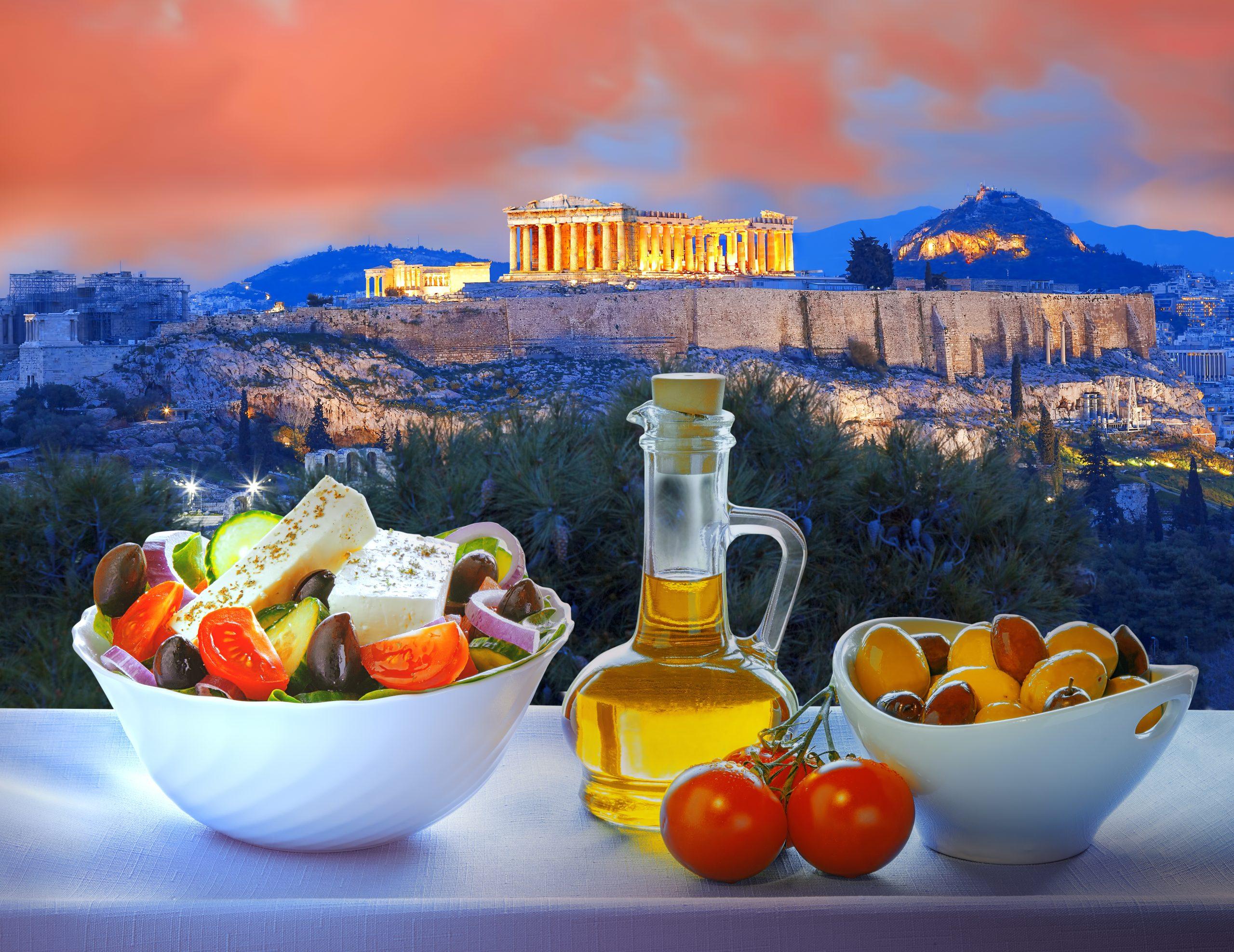 Acropolis,With,Greek,Salad,In,Athens,,Greece
